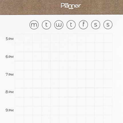 Daily planning pad with gridded hourly schedule and section to mark the day of the week